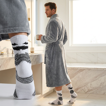Grey Men's Winter Lounge Bundle Set - Flannel Shawl Collar Robe(XL Size) with 2x White Thick Mid Calf Demon Pattern Socks, Warm Plush Homewear Set, Soft Cozy Sleepwear and Indoor Loungewear Gift for Men