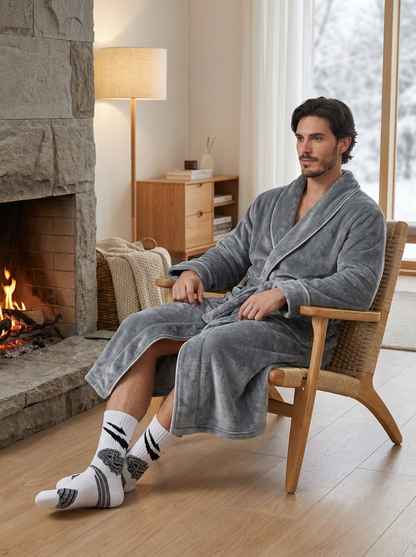 Grey Men's Winter Lounge Bundle Set - Flannel Shawl Collar Robe(XL Size) with 2x White Thick Mid Calf Demon Pattern Socks, Warm Plush Homewear Set, Soft Cozy Sleepwear and Indoor Loungewear Gift for Men
