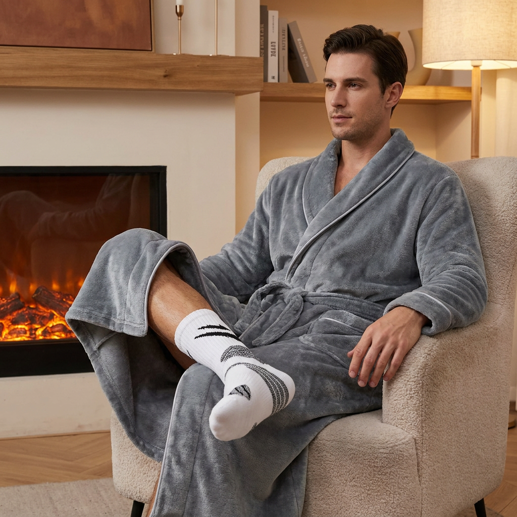 Grey Men's Winter Lounge Bundle Set - Flannel Shawl Collar Robe(XXL Size) with 2x White Thick Mid Calf Demon Pattern Socks, Warm Plush Homewear Set, Soft Cozy Sleepwear and Indoor Loungewear Gift for Men