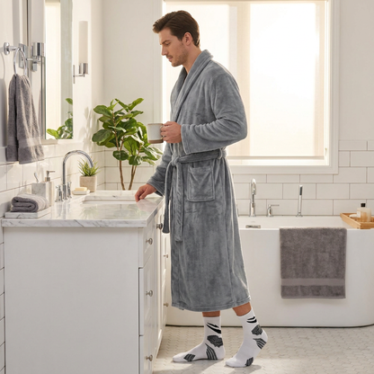 Grey Men's Winter Lounge Bundle Set - Flannel Shawl Collar Robe(XXL Size) with 2x White Thick Mid Calf Demon Pattern Socks, Warm Plush Homewear Set, Soft Cozy Sleepwear and Indoor Loungewear Gift for Men
