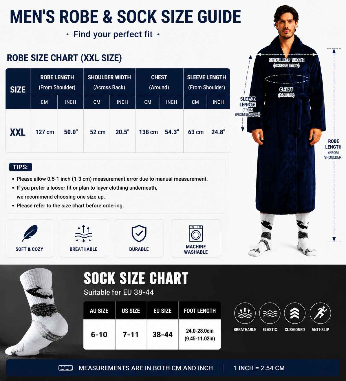 Grey Men's Winter Lounge Bundle Set - Flannel Shawl Collar Robe(XXL Size) with 2x White Thick Mid Calf Demon Pattern Socks, Warm Plush Homewear Set, Soft Cozy Sleepwear and Indoor Loungewear Gift for Men