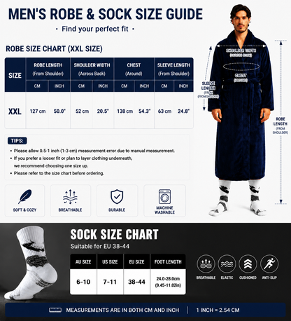 Grey Men's Winter Lounge Bundle Set - Flannel Shawl Collar Robe(XXL Size) with 2x White Thick Mid Calf Demon Pattern Socks, Warm Plush Homewear Set, Soft Cozy Sleepwear and Indoor Loungewear Gift for Men