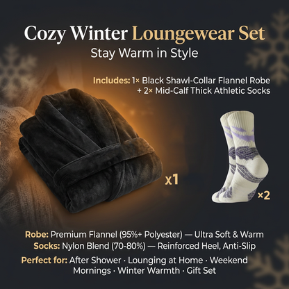 Blue Men's Winter Lounge Bundle Set - Flannel Shawl Collar Robe(L Size) with 2x  Thick Mid Calf Purple Demon Pattern Socks, Warm Plush Homewear Set, Soft Cozy Sleepwear and Indoor Loungewear Gift for Men