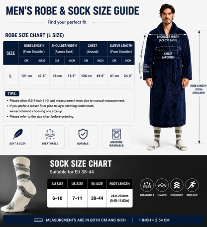 Blue Men's Winter Lounge Bundle Set - Flannel Shawl Collar Robe(L Size) with 2x  Thick Mid Calf Purple Demon Pattern Socks, Warm Plush Homewear Set, Soft Cozy Sleepwear and Indoor Loungewear Gift for Men