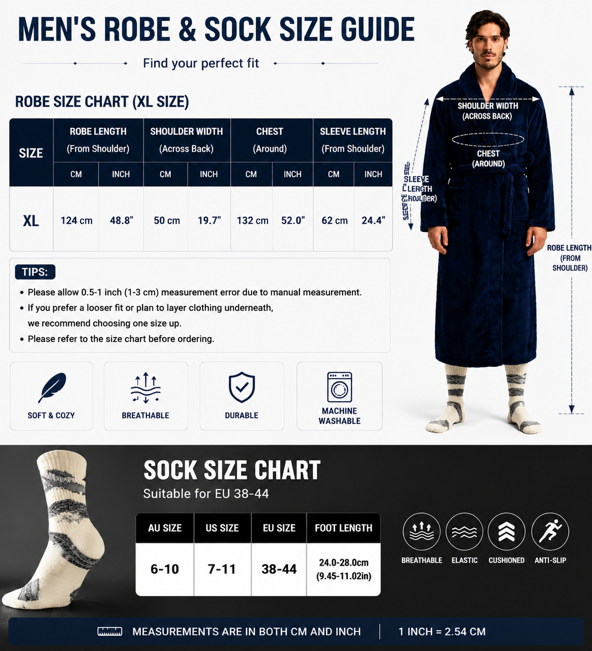 Blue Men's Winter Lounge Bundle Set - Flannel Shawl Collar Robe(XL Size) with 2x  Thick Mid Calf Purple Demon Pattern Socks, Warm Plush Homewear Set, Soft Cozy Sleepwear and Indoor Loungewear Gift for Men