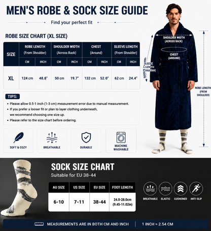 Blue Men's Winter Lounge Bundle Set - Flannel Shawl Collar Robe(XL Size) with 2x  Thick Mid Calf Purple Demon Pattern Socks, Warm Plush Homewear Set, Soft Cozy Sleepwear and Indoor Loungewear Gift for Men