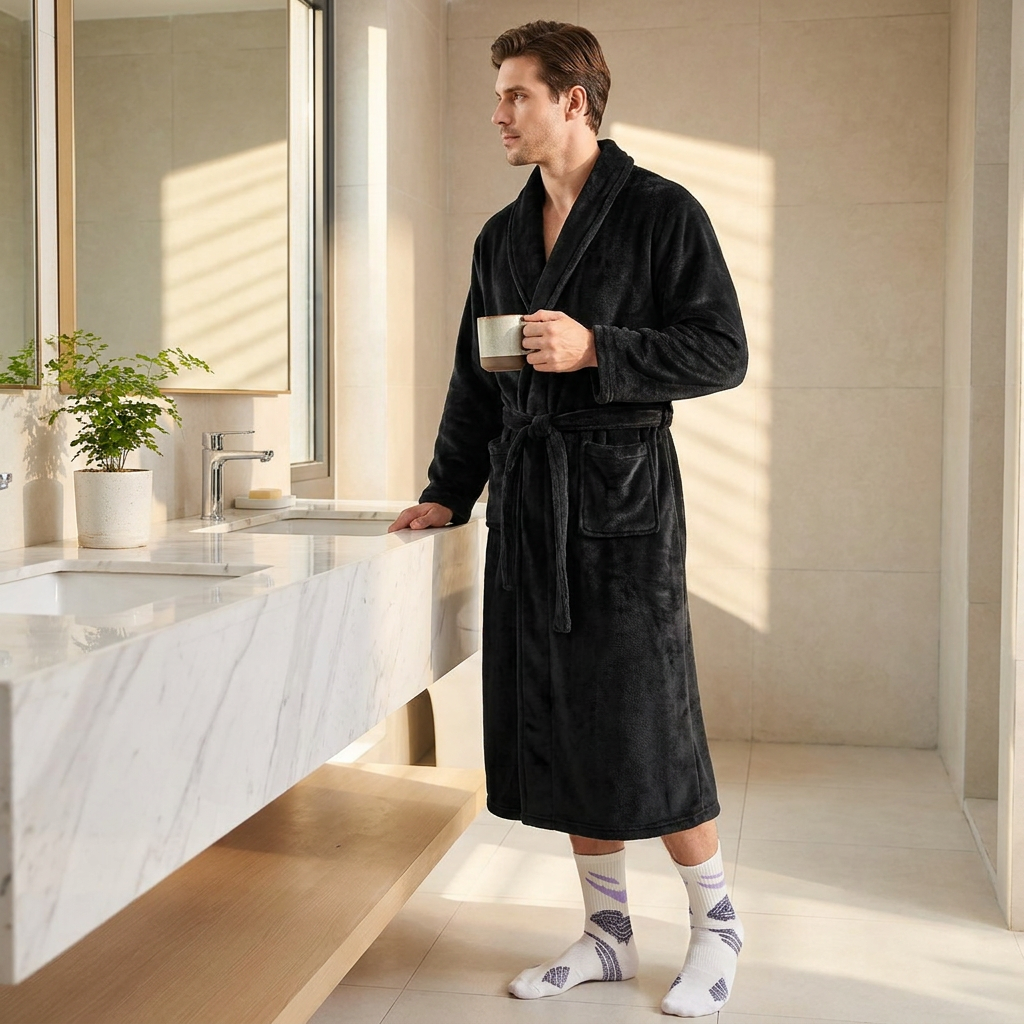 Blue Men's Winter Lounge Bundle Set - Flannel Shawl Collar Robe(XXL Size) with 2x  Thick Mid Calf Purple Demon Pattern Socks, Warm Plush Homewear Set, Soft Cozy Sleepwear and Indoor Loungewear Gift for Men