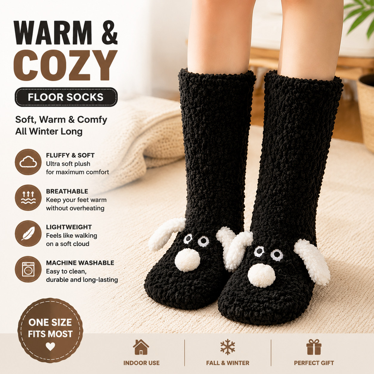 Cute Animal Plush Floor Socks - Black Puppy Thickened Coral Fleece Non-Slip Indoor Winter Warm Sleep Socks with Non-Slip Dots, Comfortable for Home Use