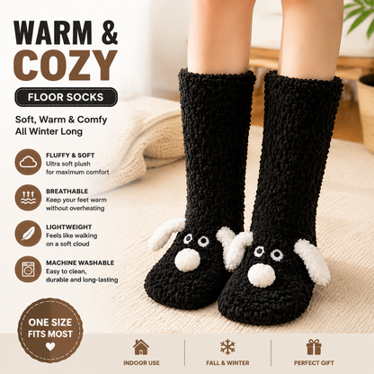 Cute Animal Plush Floor Socks - Black Puppy Thickened Coral Fleece Non-Slip Indoor Winter Warm Sleep Socks with Non-Slip Dots, Comfortable for Home Use