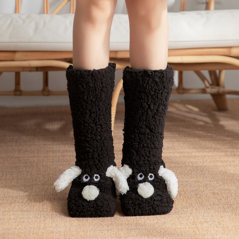 Cute Animal Plush Floor Socks - Black Puppy Thickened Coral Fleece Non-Slip Indoor Winter Warm Sleep Socks with Non-Slip Dots, Comfortable for Home Use