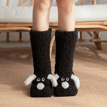 Cute Animal Plush Floor Socks - Black Puppy Thickened Coral Fleece Non-Slip Indoor Winter Warm Sleep Socks with Non-Slip Dots, Comfortable for Home Use