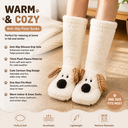 Cute Animal Plush Floor Socks - White Puppy Thickened Coral Fleece Non-Slip Indoor Winter Warm Sleep Socks with Non-Slip Dots, Comfortable for Home Use