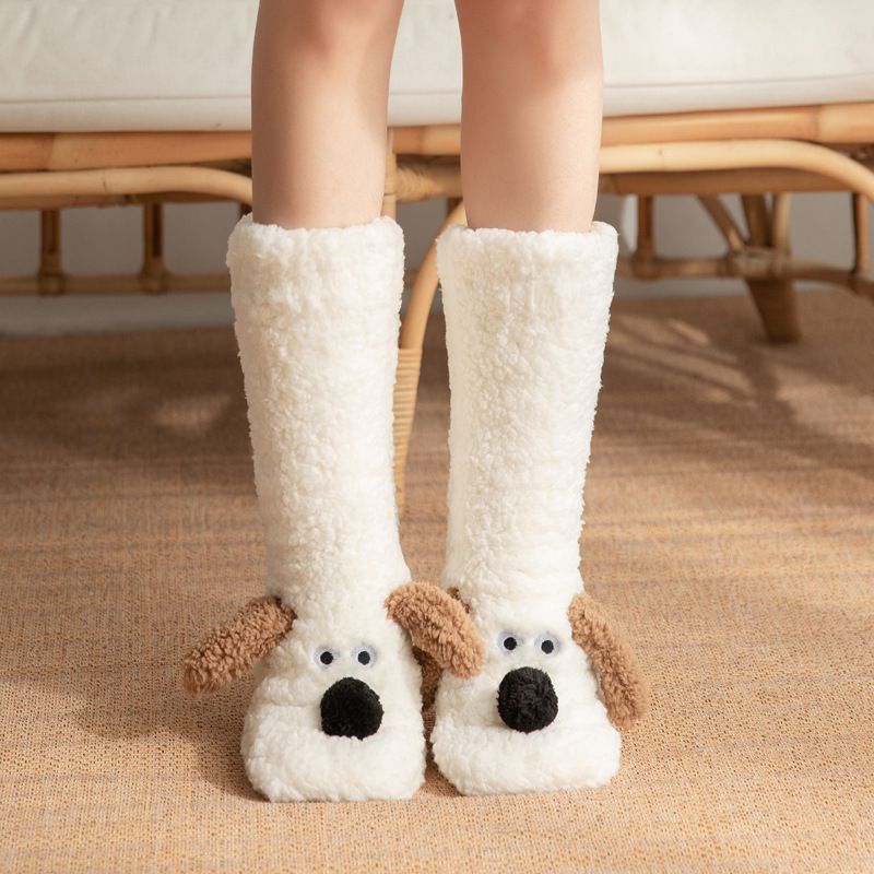 Cute Animal Plush Floor Socks - White Puppy Thickened Coral Fleece Non-Slip Indoor Winter Warm Sleep Socks with Non-Slip Dots, Comfortable for Home Use