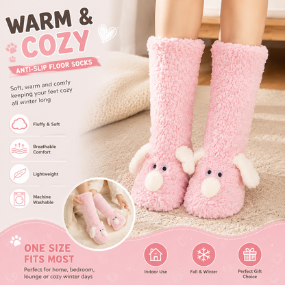 Cute Animal Plush Floor Socks - Pink Puppy Thickened Coral Fleece Non-Slip Indoor Winter Warm Sleep Socks with Non-Slip Dots, Comfortable for Home Use