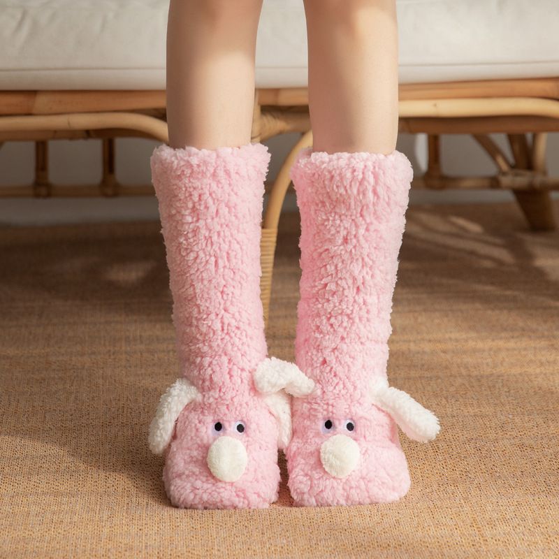 Cute Animal Plush Floor Socks - Pink Puppy Thickened Coral Fleece Non-Slip Indoor Winter Warm Sleep Socks with Non-Slip Dots, Comfortable for Home Use