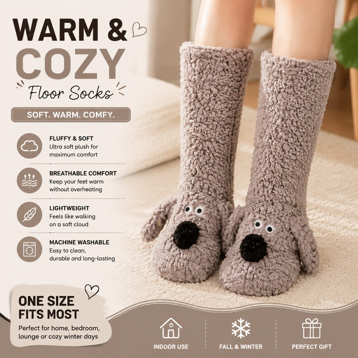 Cute Animal Plush Floor Socks - Gray-brown Puppy Thickened Coral Fleece Non-Slip Indoor Winter Warm Sleep Socks with Non-Slip Dots, Comfortable for Home Use