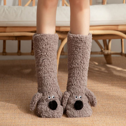 Cute Animal Plush Floor Socks - Gray-brown Puppy Thickened Coral Fleece Non-Slip Indoor Winter Warm Sleep Socks with Non-Slip Dots, Comfortable for Home Use