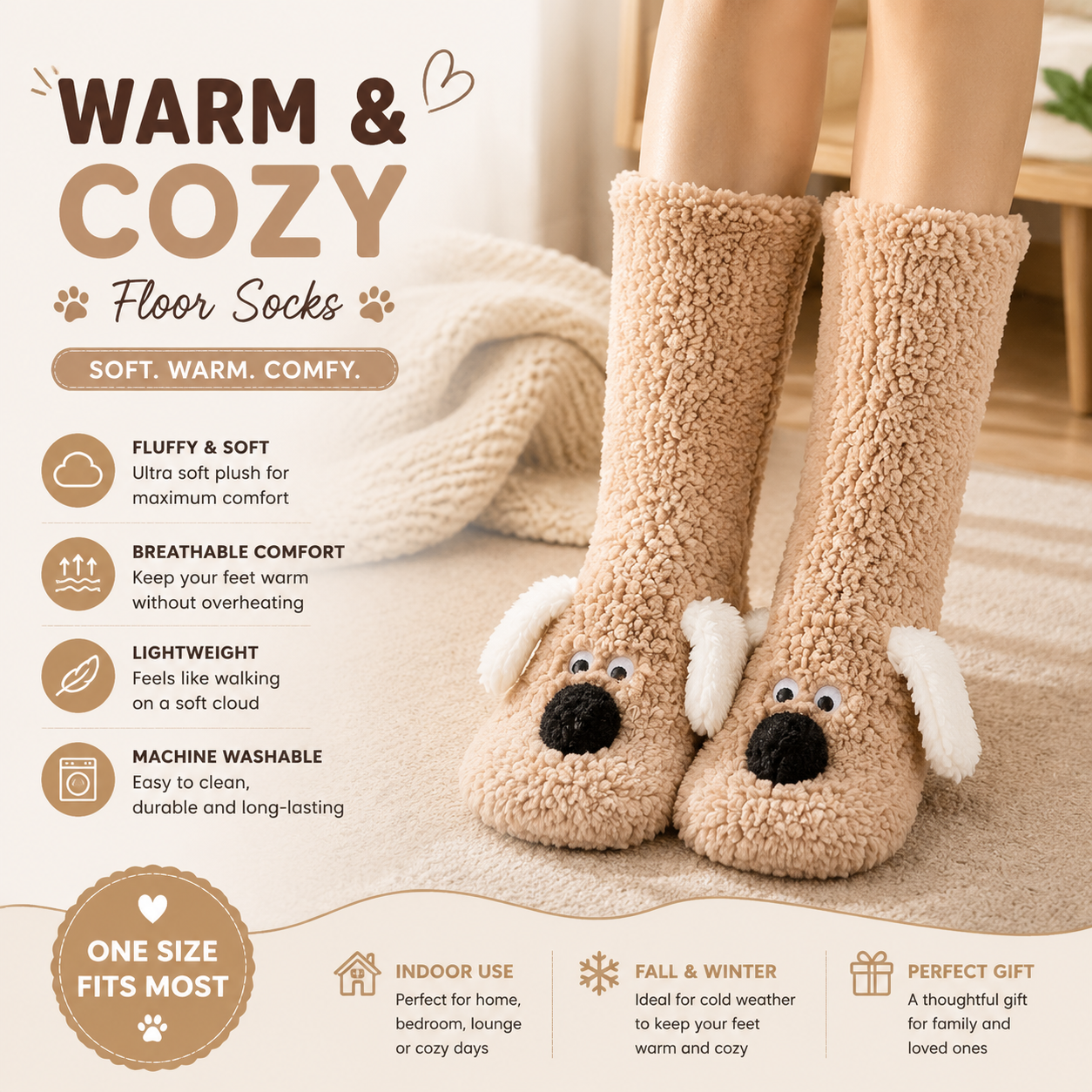 Cute Animal Plush Floor Socks - Light coffee Puppy Thickened Coral Fleece Non-Slip Indoor Winter Warm Sleep Socks with Non-Slip Dots, Comfortable for Home Use
