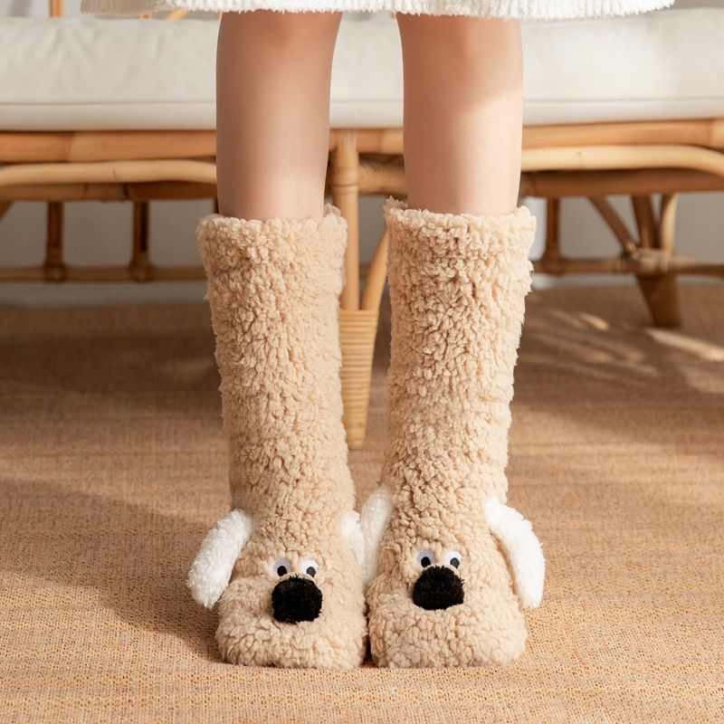 Cute Animal Plush Floor Socks - Light coffee Puppy Thickened Coral Fleece Non-Slip Indoor Winter Warm Sleep Socks with Non-Slip Dots, Comfortable for Home Use