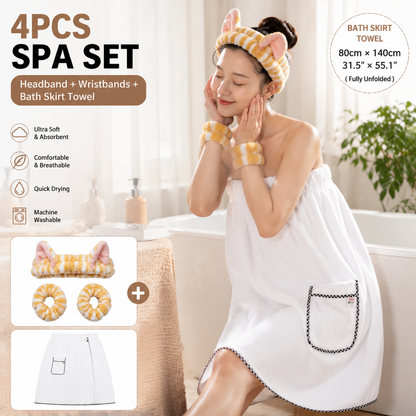 4PCS Spa Set Bath Wrap White bath towel Yellow stripes Cat Ear Headband Wristbands Coral Fleece Quick Dry Absorbent Skincare Shower Hair Wash Set Home Spa Gift