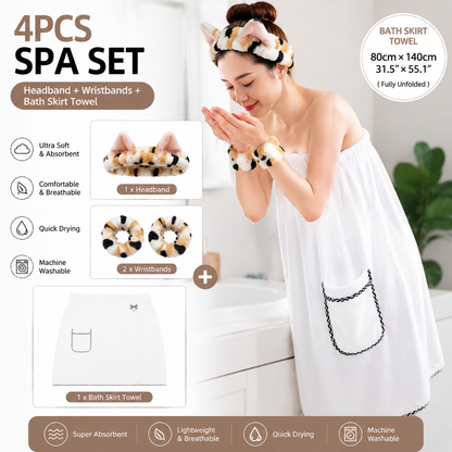 4PCS Spa Set Bath Wrap White bath towel Black and yellow stripes Cat Ear Headband Wristbands Coral Fleece Quick Dry Absorbent Skincare Shower Hair Wash Set Home Spa Gift