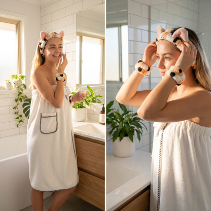4PCS Spa Set Bath Wrap White bath towel Black and yellow stripes Cat Ear Headband Wristbands Coral Fleece Quick Dry Absorbent Skincare Shower Hair Wash Set Home Spa Gift