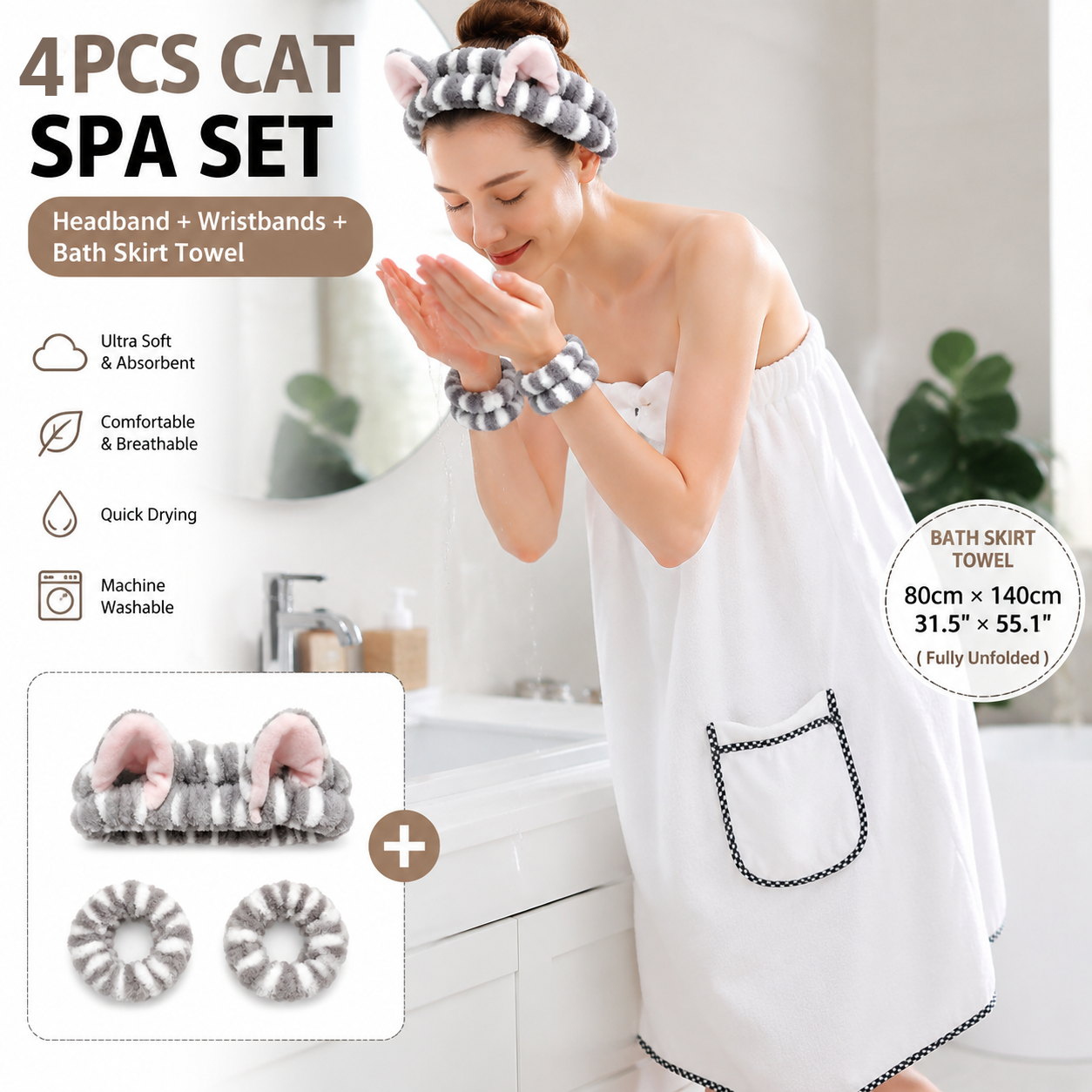 4PCS Spa Set Bath Wrap White bath towel Gray and white stripes Cat Ear Headband Wristbands Coral Fleece Quick Dry Absorbent Skincare Shower Hair Wash Set Home Spa Gift