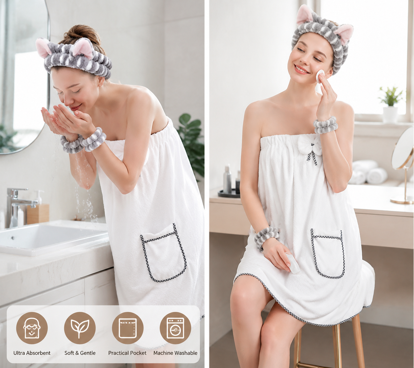 4PCS Spa Set Bath Wrap White bath towel Gray and white stripes Cat Ear Headband Wristbands Coral Fleece Quick Dry Absorbent Skincare Shower Hair Wash Set Home Spa Gift