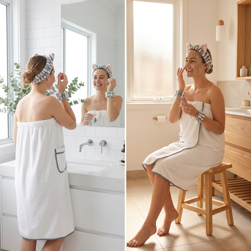 4PCS Spa Set Bath Wrap White bath towel Gray and white stripes Cat Ear Headband Wristbands Coral Fleece Quick Dry Absorbent Skincare Shower Hair Wash Set Home Spa Gift