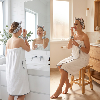 4PCS Spa Set Bath Wrap White bath towel Gray and white stripes Cat Ear Headband Wristbands Coral Fleece Quick Dry Absorbent Skincare Shower Hair Wash Set Home Spa Gift