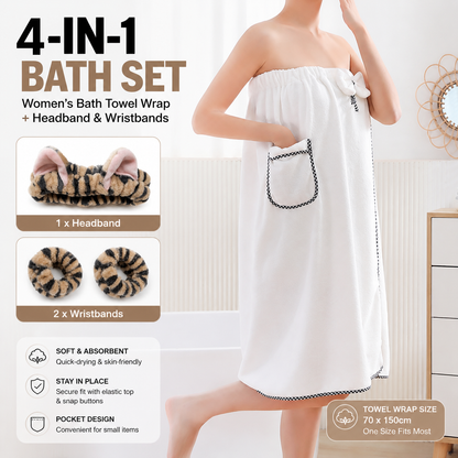 4PCS Spa Set Bath Wrap White bath towel Black and brown stripes Cat Ear Headband Wristbands Coral Fleece Quick Dry Absorbent Skincare Shower Hair Wash Set Home Spa Gift