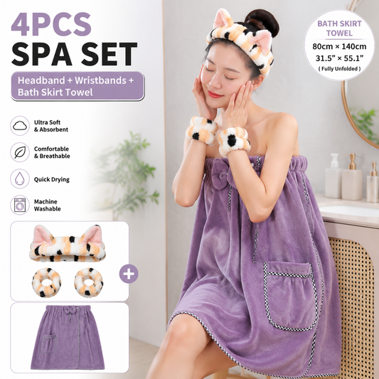 4PCS Spa Set Bath Wrap Purple bath towel Black and yellow stripes Cat Ear Headband Wristbands Coral Fleece Quick Dry Absorbent Skincare Shower Hair Wash Set Home Spa Gift