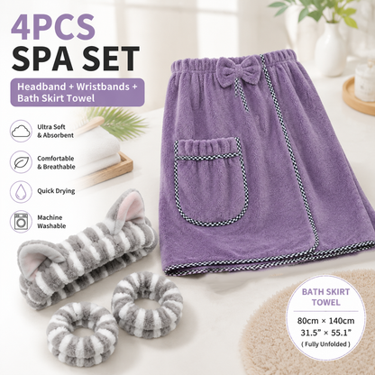 4PCS Spa Set Bath Wrap Purple bath towel Gray and Purple stripes Cat Ear Headband Wristbands Coral Fleece Quick Dry Absorbent Skincare Shower Hair Wash Set Home Spa Gift
