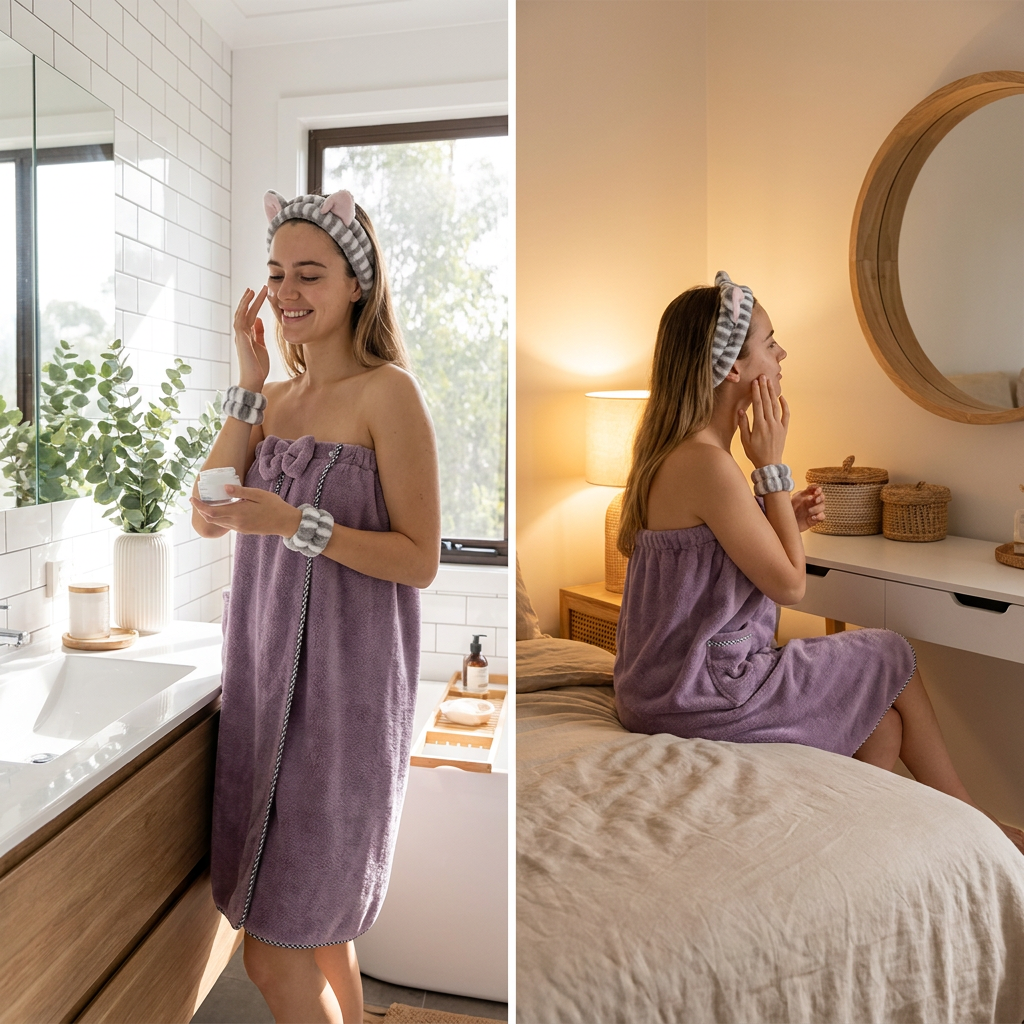 4PCS Spa Set Bath Wrap Purple bath towel Gray and Purple stripes Cat Ear Headband Wristbands Coral Fleece Quick Dry Absorbent Skincare Shower Hair Wash Set Home Spa Gift