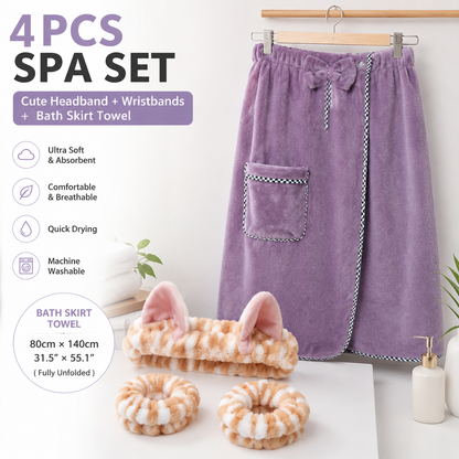 4PCS Spa Set Bath Wrap Purple bath towel Yellow stripes Cat Ear Headband Wristbands Coral Fleece Quick Dry Absorbent Skincare Shower Hair Wash Set Home Spa Gift