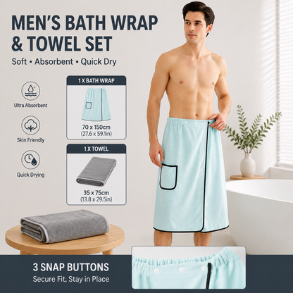 Light blue men's bath towel and gray towel set, made of coral fleece, quick-drying and absorbent. The towels have adjustable snap buttons, are soft and comfortable, and suitable for bathrooms, gyms, saunas, home spas, and other occasions