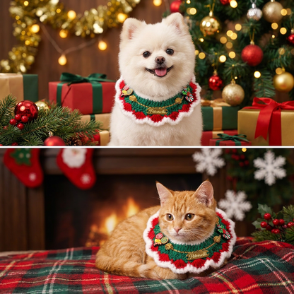 Christmas Pet Collarï¼ˆWhite frayed edgesï¼‰ Knitted Festive Dog Cat Collar Red Green Adjustable Soft Lightweight Holiday Pet Accessories for Small Dogs and Cats  Party Wear
