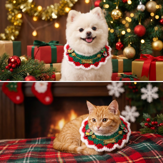 Christmas Pet Collarï¼ˆWhite frayed edgesï¼‰ Knitted Festive Dog Cat Collar Red Green Adjustable Soft Lightweight Holiday Pet Accessories for Small Dogs and Cats  Party Wear