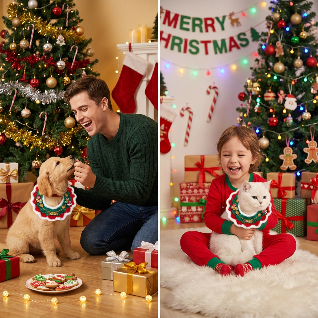 Christmas Pet Collarï¼ˆWhite frayed edgesï¼‰ Knitted Festive Dog Cat Collar Red Green Adjustable Soft Lightweight Holiday Pet Accessories for Small Dogs and Cats  Party Wear