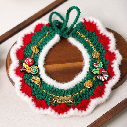 Christmas Pet Collarï¼ˆWhite frayed edgesï¼‰ Knitted Festive Dog Cat Collar Red Green Adjustable Soft Lightweight Holiday Pet Accessories for Small Dogs and Cats  Party Wear