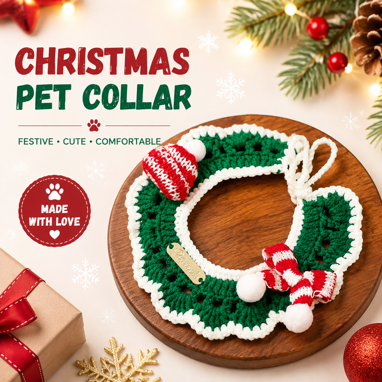 Christmas Pet Collarï¼ˆGreen scarf and hatï¼‰ Knitted Festive Dog Cat Collar Red Green Adjustable Soft Lightweight Holiday Pet Accessories for Small Dogs and Cats  Party Wear