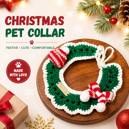 Christmas Pet Collarï¼ˆGreen scarf and hatï¼‰ Knitted Festive Dog Cat Collar Red Green Adjustable Soft Lightweight Holiday Pet Accessories for Small Dogs and Cats  Party Wear