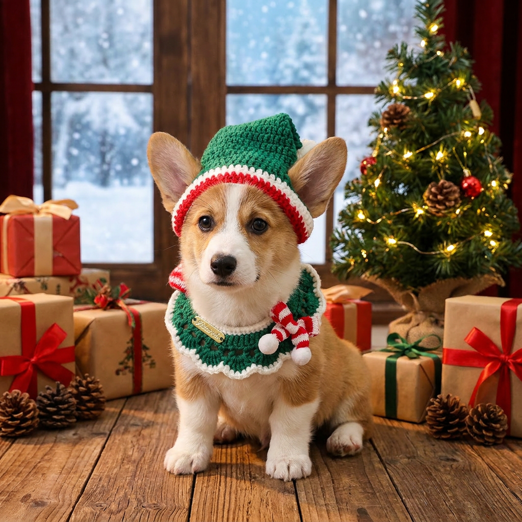 Christmas Pet Collarï¼ˆGreen scarf and hatï¼‰ Knitted Festive Dog Cat Collar Red Green Adjustable Soft Lightweight Holiday Pet Accessories for Small Dogs and Cats  Party Wear