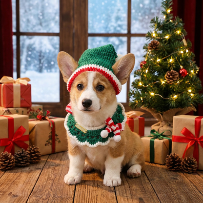 Christmas Pet Collarï¼ˆGreen scarf and hatï¼‰ Knitted Festive Dog Cat Collar Red Green Adjustable Soft Lightweight Holiday Pet Accessories for Small Dogs and Cats  Party Wear