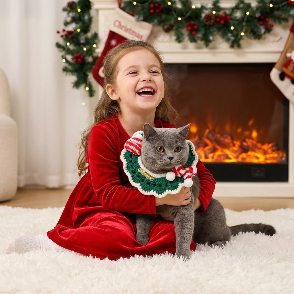 Christmas Pet Collarï¼ˆGreen scarf and hatï¼‰ Knitted Festive Dog Cat Collar Red Green Adjustable Soft Lightweight Holiday Pet Accessories for Small Dogs and Cats  Party Wear