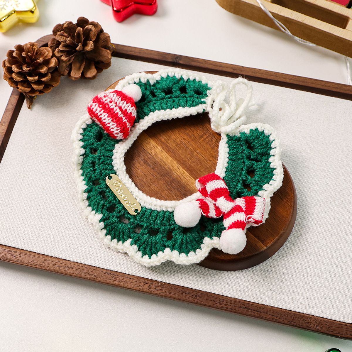 Christmas Pet Collarï¼ˆGreen scarf and hatï¼‰ Knitted Festive Dog Cat Collar Red Green Adjustable Soft Lightweight Holiday Pet Accessories for Small Dogs and Cats  Party Wear