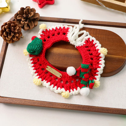 Christmas Pet Collarï¼ˆRed scarf and hatï¼‰ Knitted Festive Dog Cat Collar Red Green Adjustable Soft Lightweight Holiday Pet Accessories for Small Dogs and Cats  Party Wear