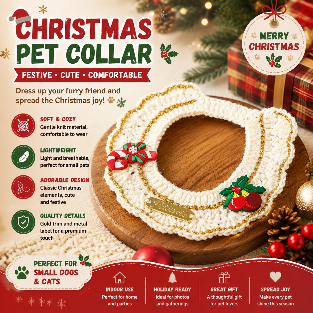 Christmas Pet Collarï¼ˆCane and pine coneï¼‰ Knitted Festive Dog Cat Collar Red Green Adjustable Soft Lightweight Holiday Pet Accessories for Small Dogs and Cats  Party Wear