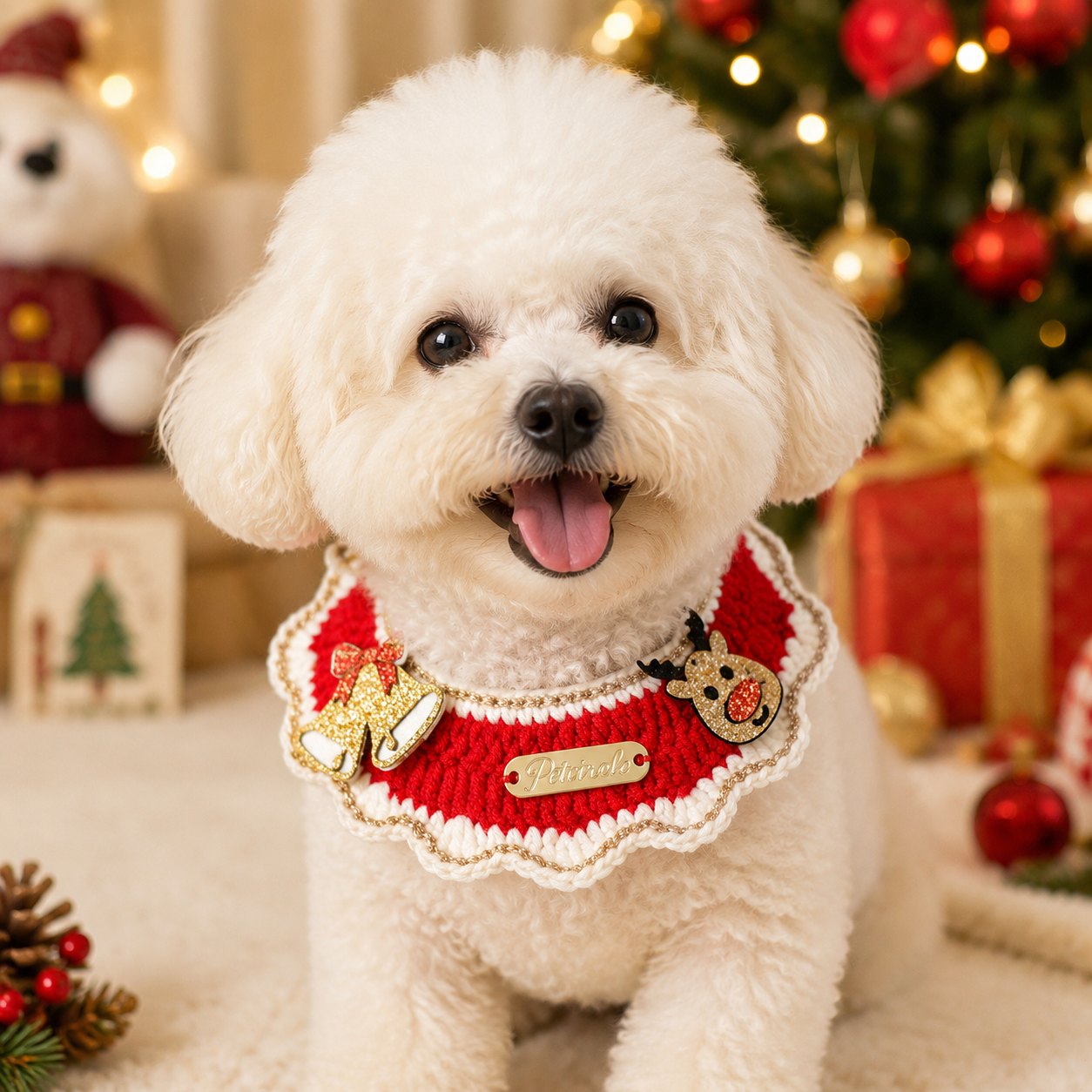 Christmas Pet Collarï¼ˆBell-shaped deerï¼‰ Knitted Festive Dog Cat Collar Red Green Adjustable Soft Lightweight Holiday Pet Accessories for Small Dogs and Cats  Party Wear