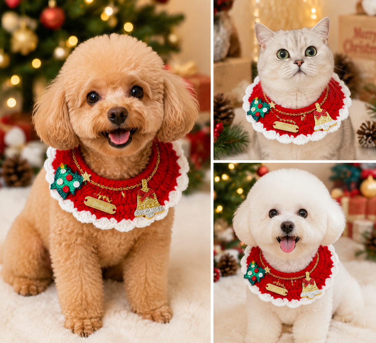 Christmas Pet Collarï¼ˆTree bellï¼‰ Knitted Festive Dog Cat Collar Red Green Adjustable Soft Lightweight Holiday Pet Accessories for Small Dogs and Cats  Party Wear